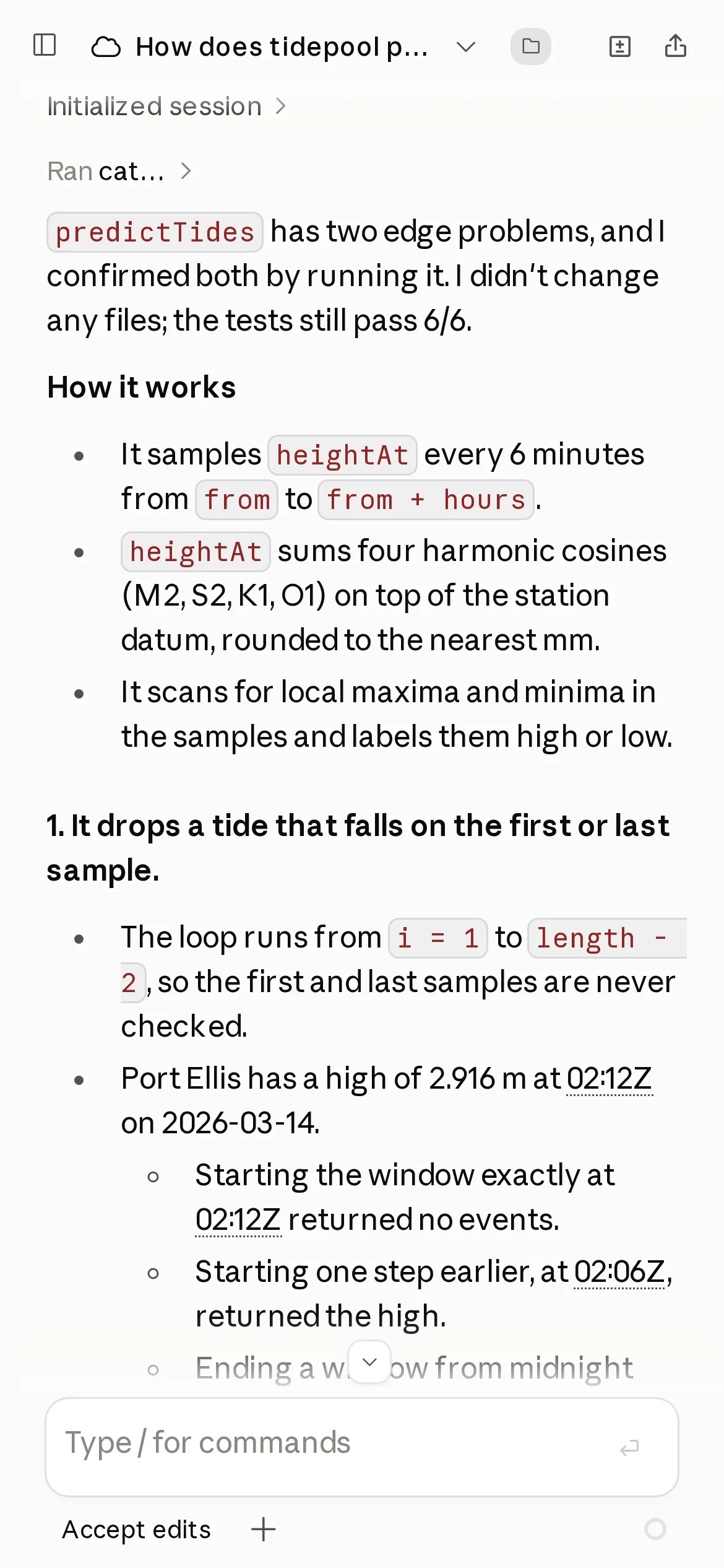 Phone-width claude.ai/code showing the start of Claude's answer: predictTides has two edge problems, confirmed by running it, with a How it works section.
