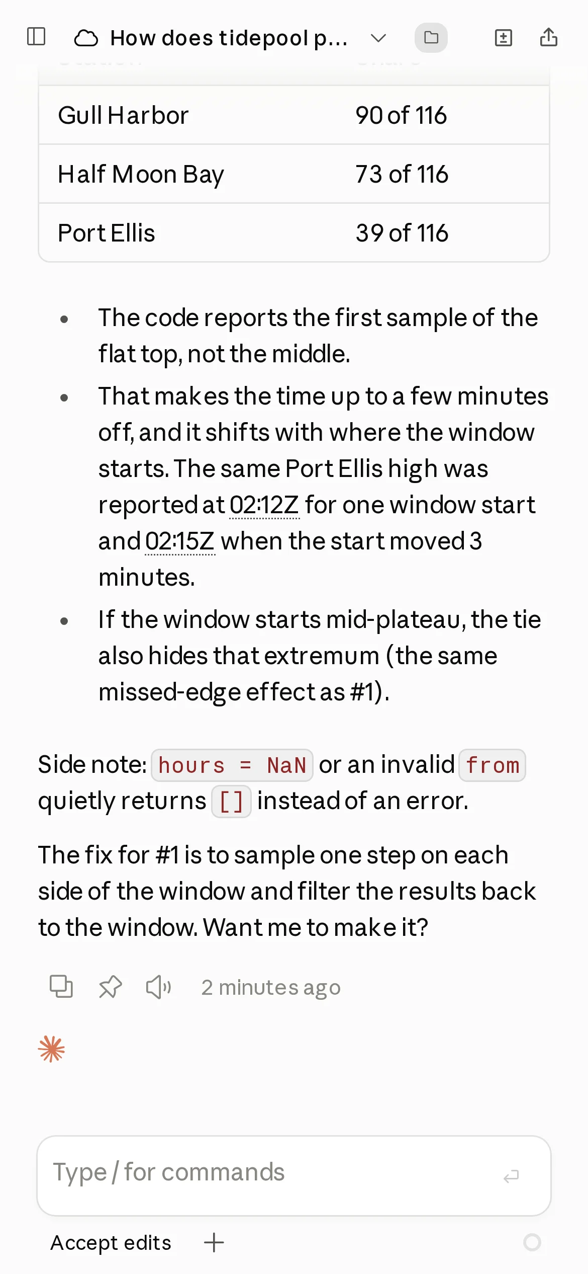 The end of the answer: a table of how often reported highs and lows had an equal-height neighbour per station, and the proposed fix.