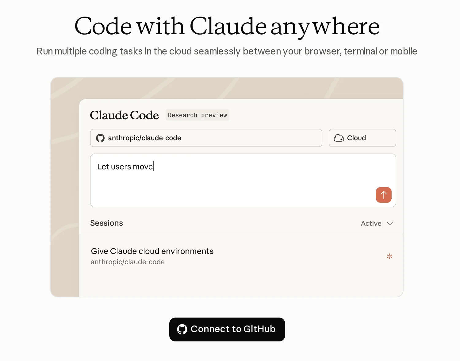The Code with Claude anywhere screen with a Connect to GitHub button.