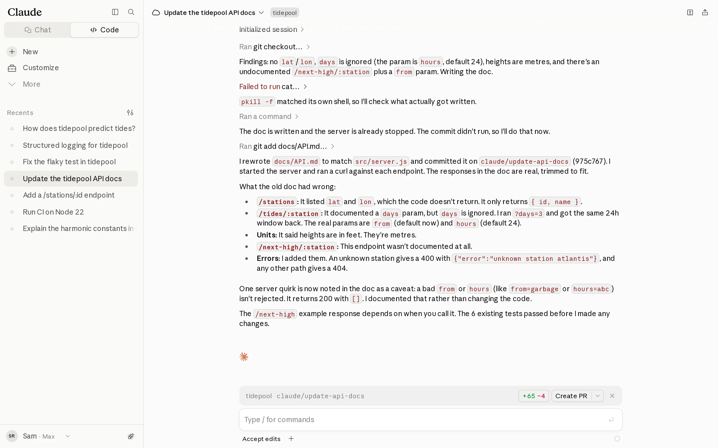 The Update the tidepool API docs session: Claude's summary of the five ways the old docs/API.md was wrong.