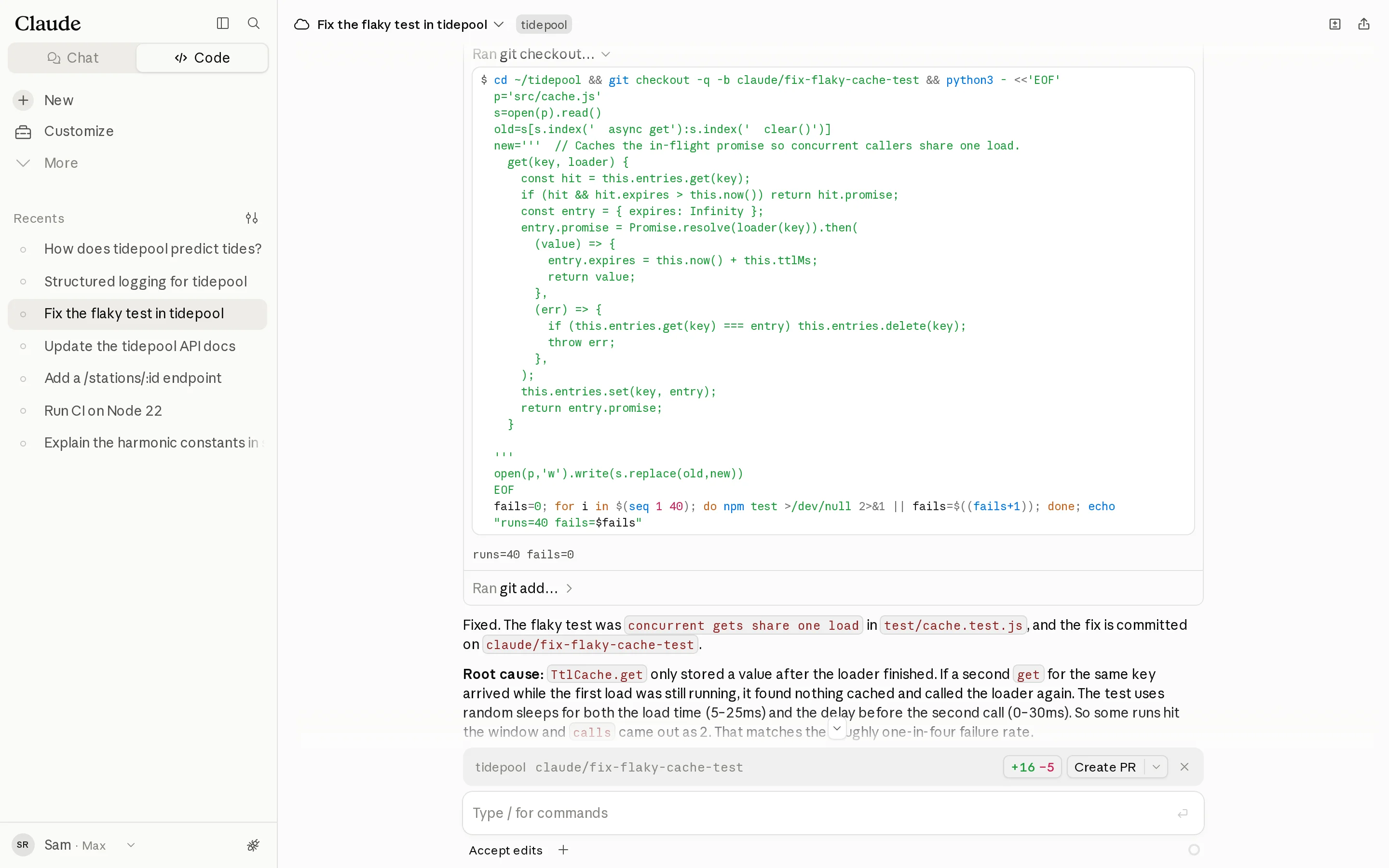The flaky-test session's Bash step: a patch to src/cache.js that caches the in-flight promise, then a loop running the test suite 40 times, with output runs=40 fails=0.