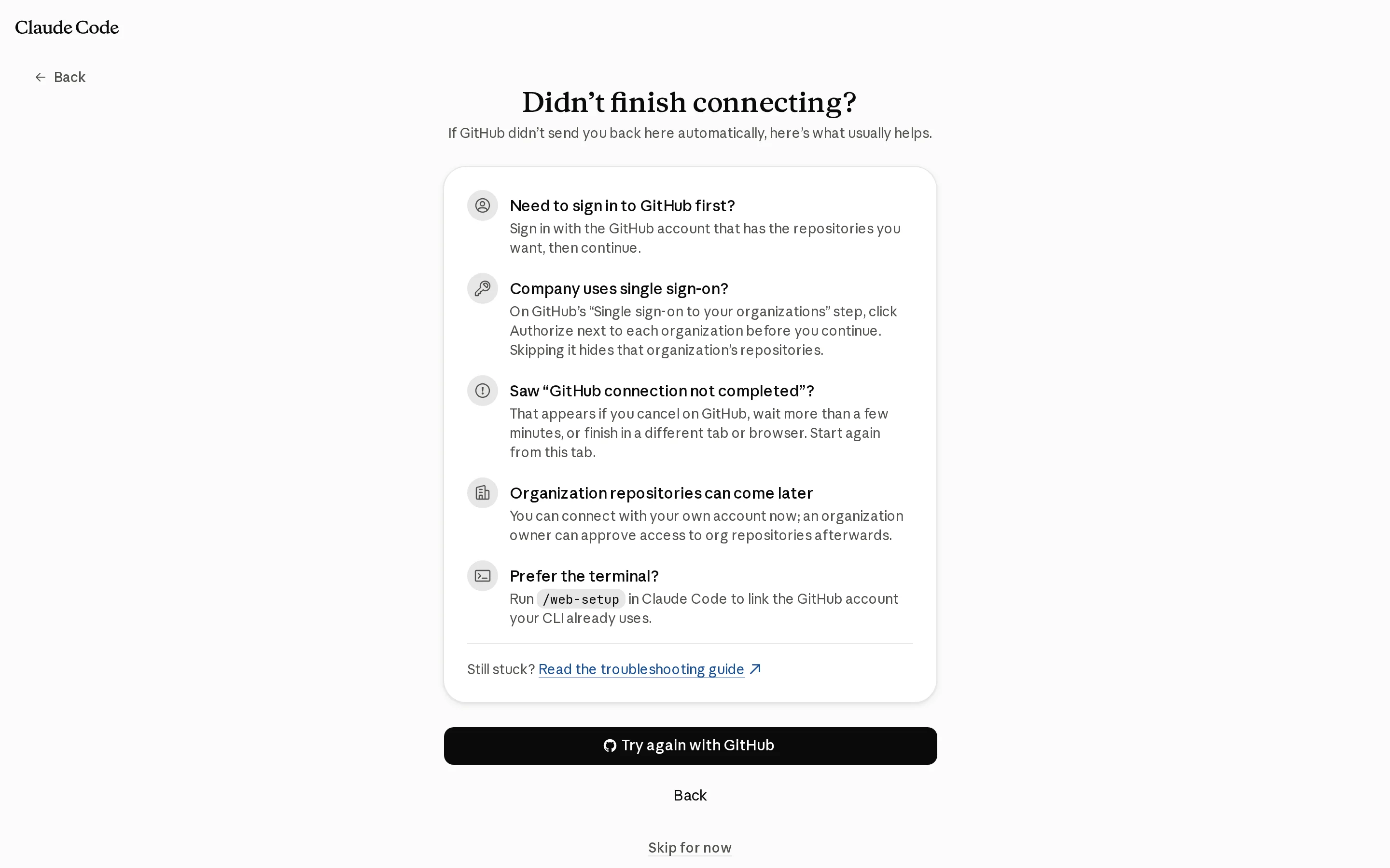 The Didn't finish connecting screen with five tips: sign in to the right GitHub account, authorize each organization on the single sign-on step, start again if you saw GitHub connection not completed, connect your own account first and let an owner approve organization access later, or run /web-setup from the terminal.