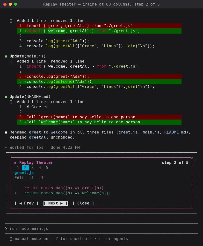 A tall terminal window with a magenta-bordered box above the prompt: a numbered step strip, the file greet.js, a one-line diff, and Prev, Next and Close buttons.